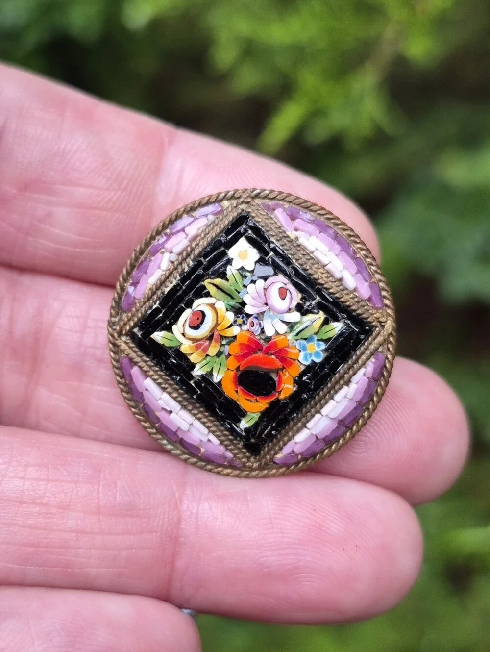 Italian Mini Micro Mosaic Brooch Floral Purple Ombre Vintage Art Deco 20s 30s